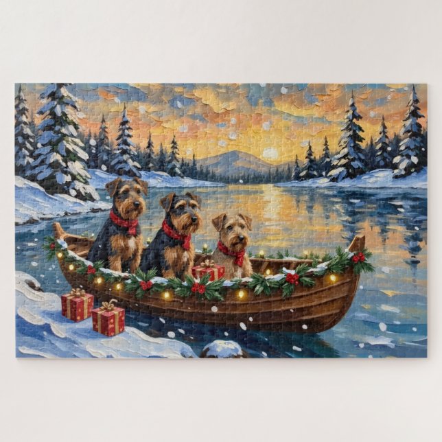 Puzzle Navidad con Barco de Terrier Airedale (Horizontal)