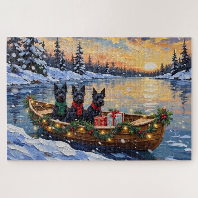 Puzzle Navidad con Barco de Terrier Escocés (Horizontal)