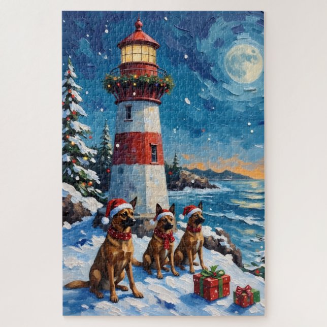 Puzzle Navidad con faro y Malinois Belga (Vertical)