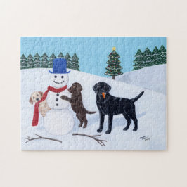 Puzzle Navidad de Labrador con el muñeco de nieve