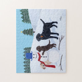 Puzzle Navidad de Labrador con el muñeco de nieve