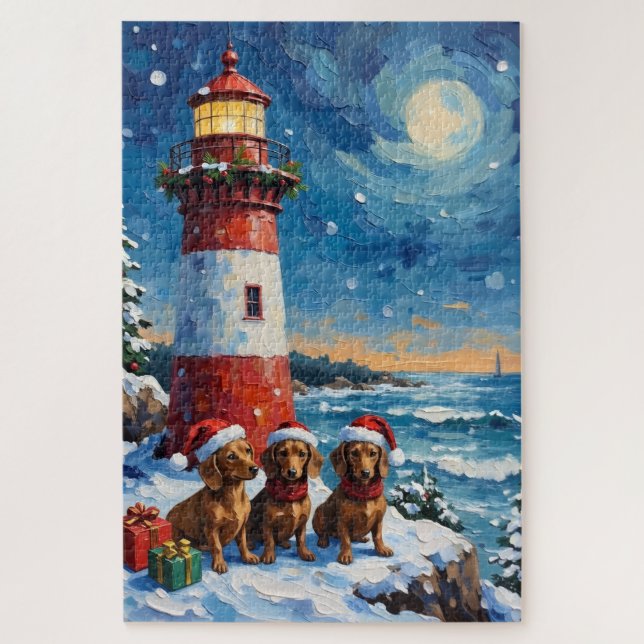 Puzzle Navidad del perro salchicha faro festivo (Vertical)
