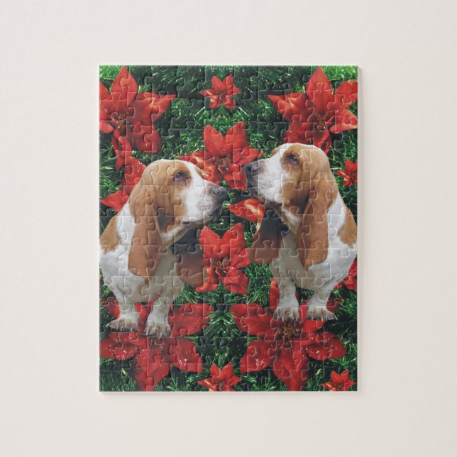 Puzzle Navidad del Poinsettia de Basset Hound (Vertical)