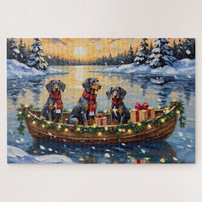 Puzzle Navidad en Barco con Bluetick Coonhound (Horizontal)