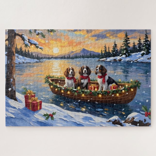 Puzzle Navidad en Barco con Brittany Spaniel (Horizontal)