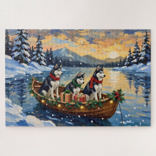 Puzzle Navidad en Barco con Husky Siberiano