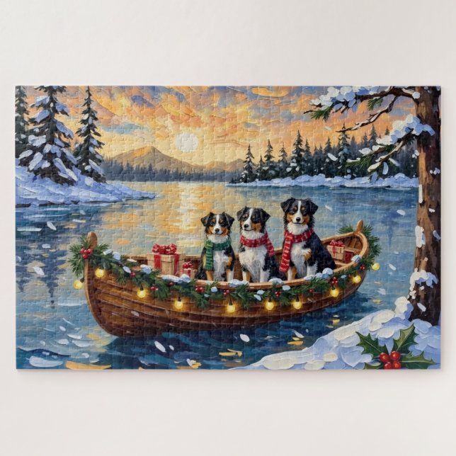 Puzzle Navidad en Barco con Pastor Australiano de vacacio (Horizontal)