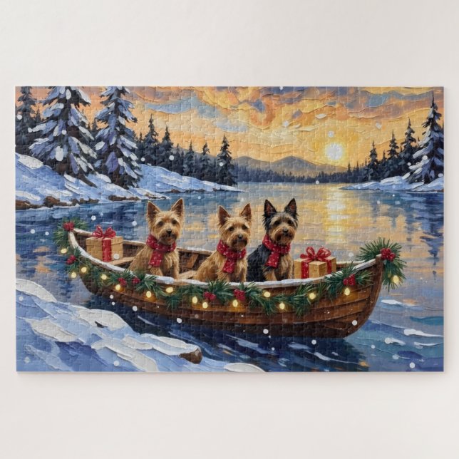 Puzzle Navidad en Barco con Terrier Australiano Fiesta (Horizontal)