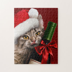 Puzzle Navidad Gato Con Botella De Vino