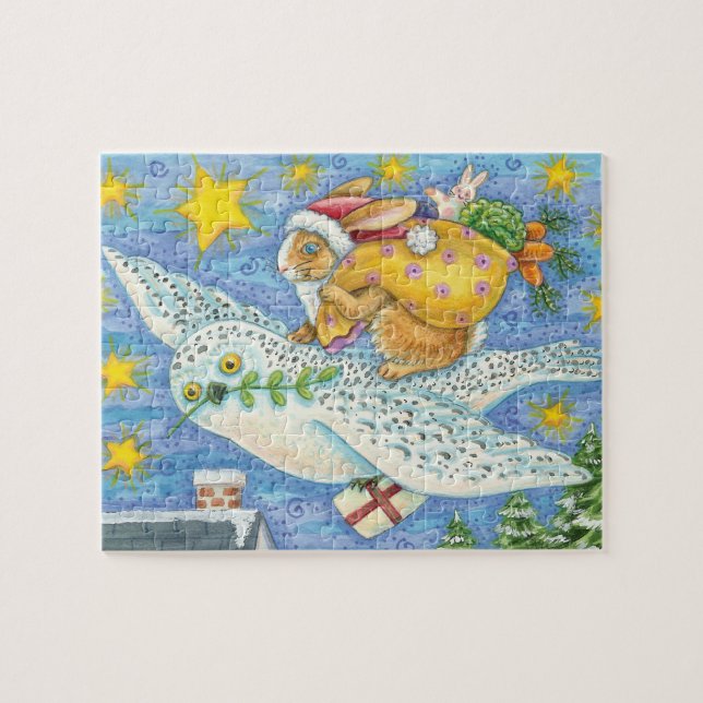 Puzzle Navidad linda con conejo como Santa Claus en búho (Horizontal)