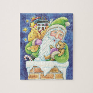 Puzzle Navidad linda, Santa Claus en chimenea con juguete