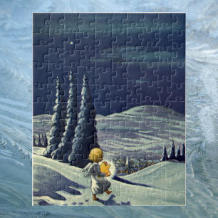 Puzzle Navidad vintage, ángel de nieve caminando con una 