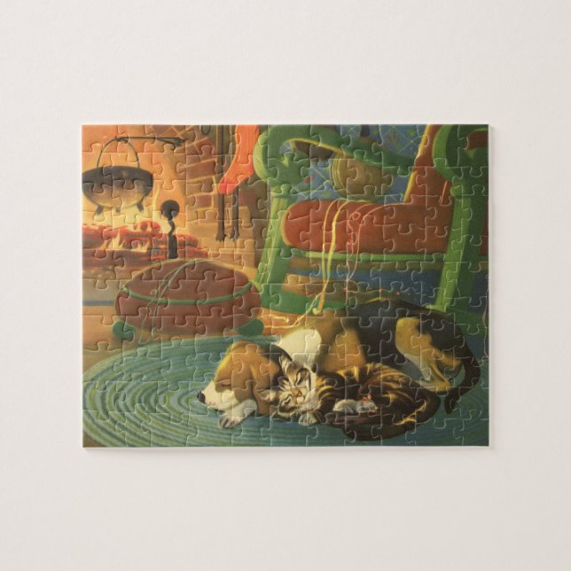 Puzzle Navidad vintage, animales durmientes por chimenea (Horizontal)