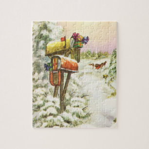 Puzzle Navidad Vintage, buzones en paisaje invernal