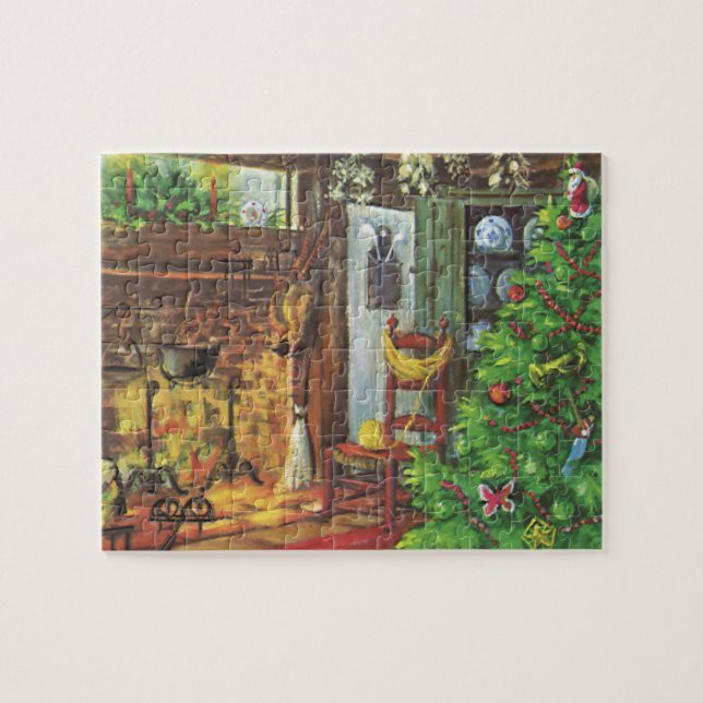 Puzzle Navidad Vintage, Cabaña acogedora con chimenea (Horizontal)