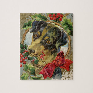 Puzzle Navidad Vintage, Cachorro Dachshund con Acebo