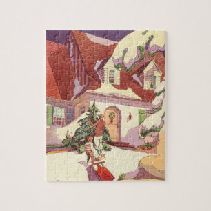 Puzzle Navidad Vintage, Casa Familiar en la Nieve