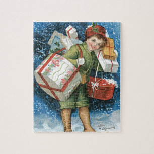 Puzzle Navidad Vintage, Niña con Regalos en Nieve Inverna