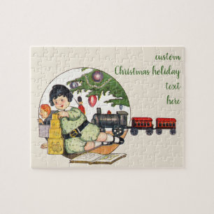 Puzzle Navidad vintage, niño feliz jugando con juguetes