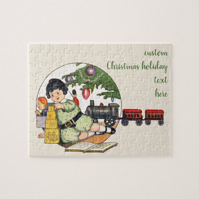 Puzzle Navidad vintage, niño feliz jugando con juguetes (Horizontal)