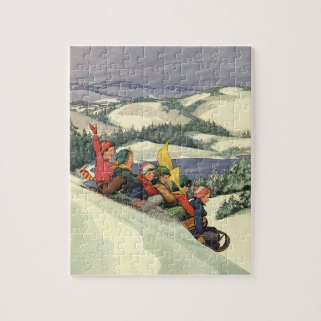Puzzle Navidad vintage, niños descansando en una montaña (Vertical)