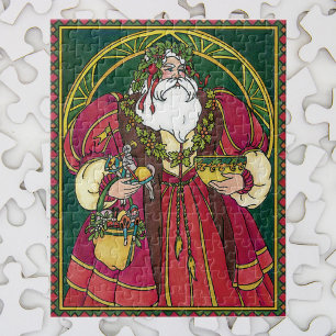 Puzzle Navidad vintage, Santa Claus con hojas holly