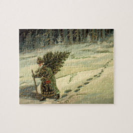 Puzzle Navidad Vintage, Santa Claus llevando un árbol
