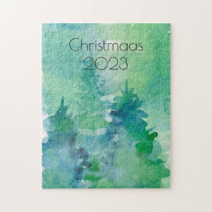 Puzzle Navidades acuarela Pine Trees verde azul