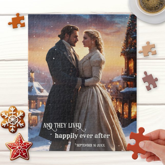 Puzzle Navidades Aniversario de la Boda de Invierno Arte  (Puzzle featuring a vintage painting of a fairy tale love in a festive Christmas winter town)