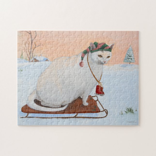 Puzzle Navidades blancos festejan gato en nieve (Horizontal)