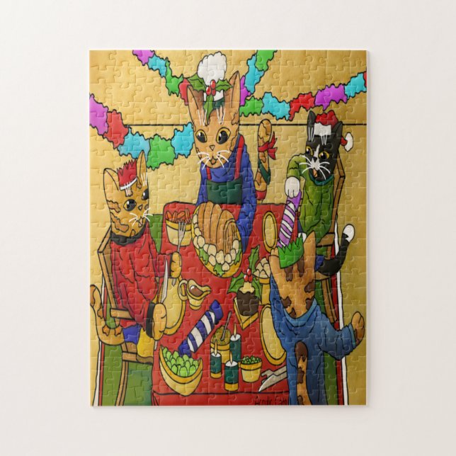 Puzzle Navidades británicos cenan gatos (Vertical)