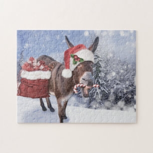 Puzzle Navidades burro con gorra rojo gracioso