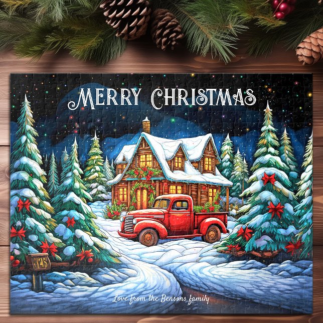 Puzzle Navidades Cabin Snow Pine Forest Feliz Festividad (Christmas Cabin Snow Pine Forest Happy Holiday Art Jigsaw Puzzle)