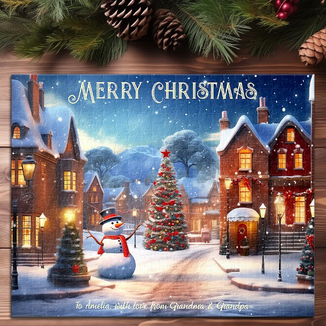 Puzzle Navidades Calle Árbol de nieve Casas de arte navid (Christmas Street Snowman Tree Houses Holiday Art Jigsaw Puzzle)