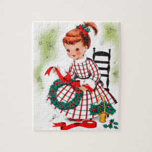 Puzzle Navidades clásicos, niñita con cintas de cortina