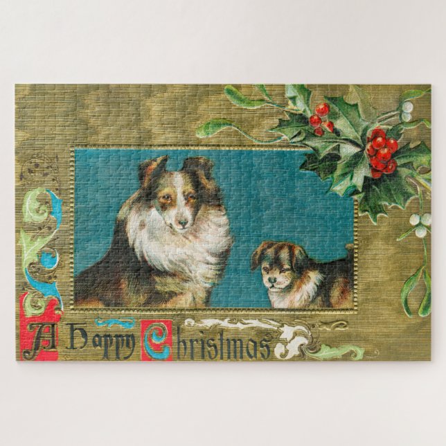 Puzzle Navidades Collie Dogs Gold Happy de la época de 19 (Horizontal)
