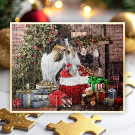 Puzzle Navidades con la familia Rough Collie - Hor.