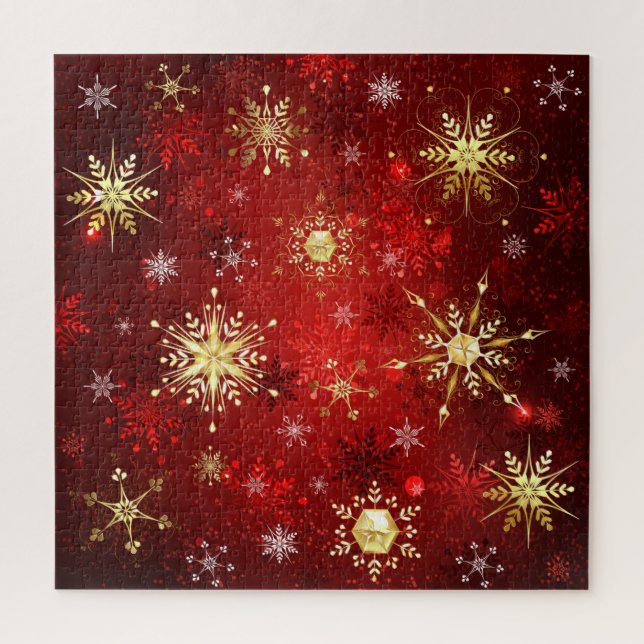 Puzzle Navidades Copos de nieve dorados con fondo rojo (Vertical)