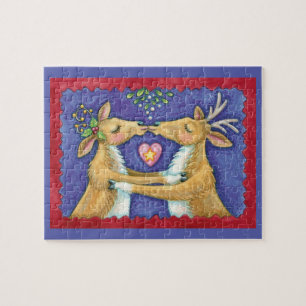 Puzzle Navidades cortos reno, beso romántico con mistleto