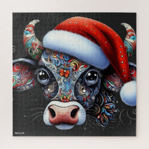 Puzzle Navidades Cow Bull con Santa Hat Arte Popular Mexi