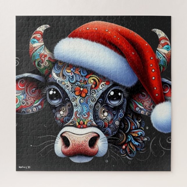 Puzzle Navidades Cow Bull con Santa Hat Arte Popular Mexi (Vertical)