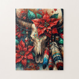 Puzzle Navidades Cow Bull Skull Poinsettias Feathers