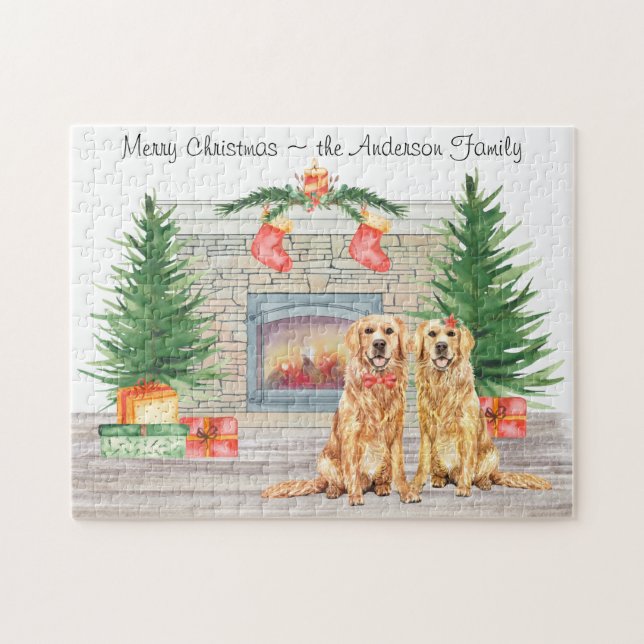 Puzzle Navidades de acuarela de Golden Retriever Dog Love (Horizontal)