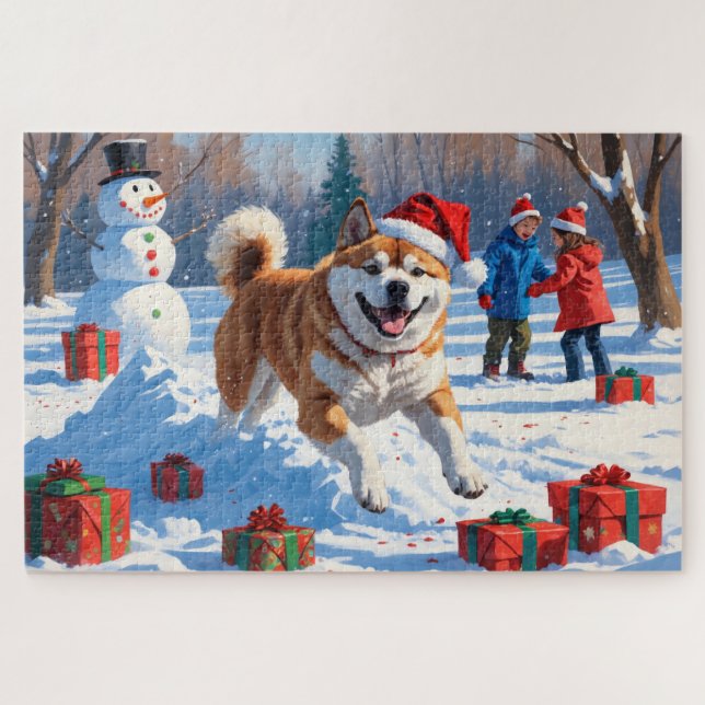 Puzzle Navidades de Akita en la escena de la nieve festiv (Horizontal)