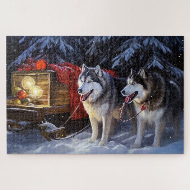 Puzzle Navidades de Alaskan Malamute Snowy Sleigh Ride (Horizontal)