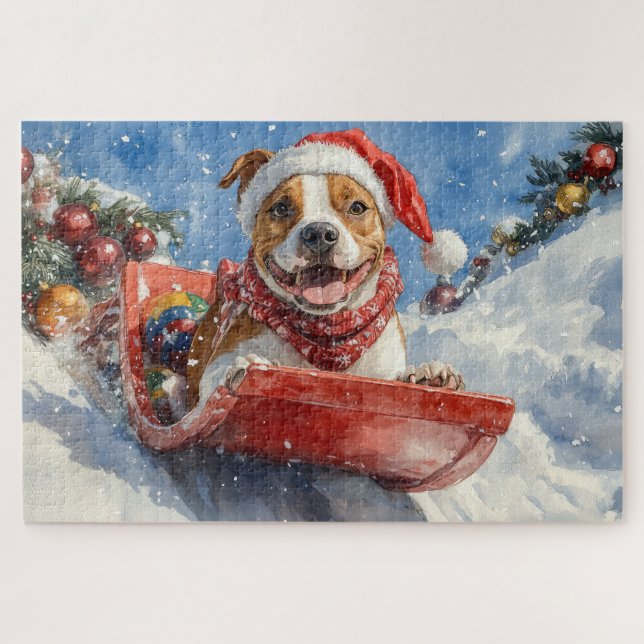 Puzzle Navidades de American Staffordshire en Sledge (Horizontal)