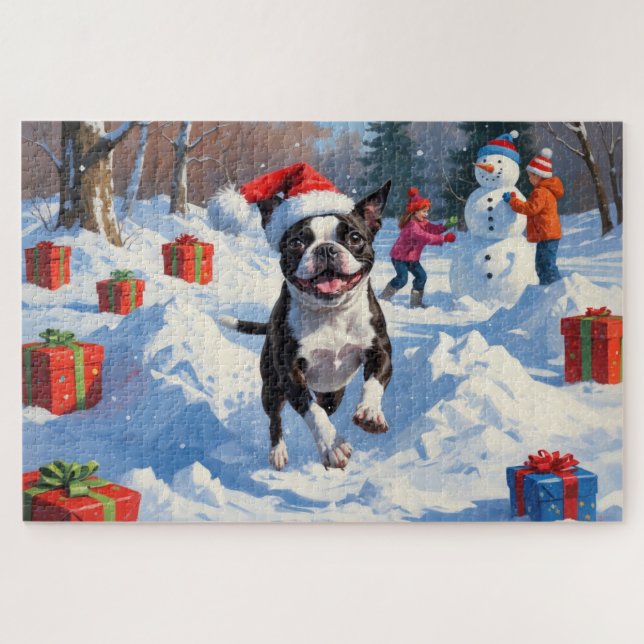 Puzzle Navidades de Boston Terrier celebran escena de nie (Horizontal)