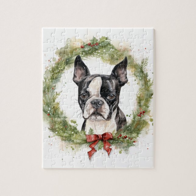 Puzzle Navidades de Boston Terrier en la fiesta (Vertical)