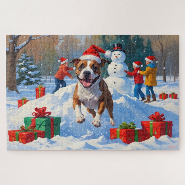 Puzzle Navidades de Bull Terrier celebran escena de nieve (Horizontal)