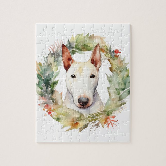 Puzzle Navidades de Bull Terrier Wreath Pup festivo (Vertical)